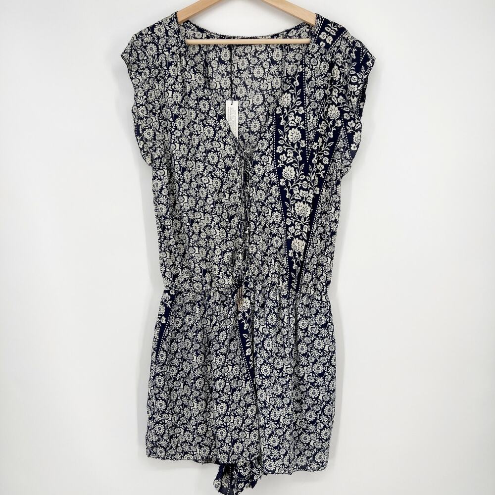 Gypsy 05 Romper Large Navy Blue White Mixed Print Floral Lace Up Beaded NEW BOHO - Picture 4 of 8